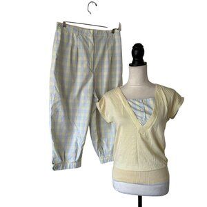 Vintage Tail Womens Yellow V-Neck Top & Checkered PantsSet Size 9/10 Rare Unique